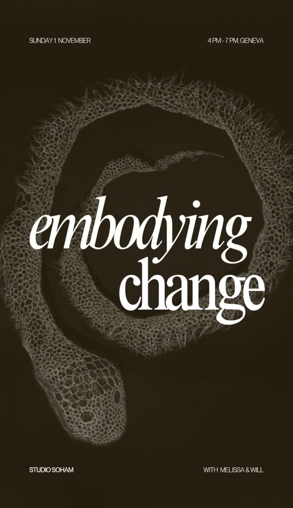Embodying Change event poster: Sunday 1 November, 16:00–19:00, Studio Soham, Geneva, with Melissa and Will.